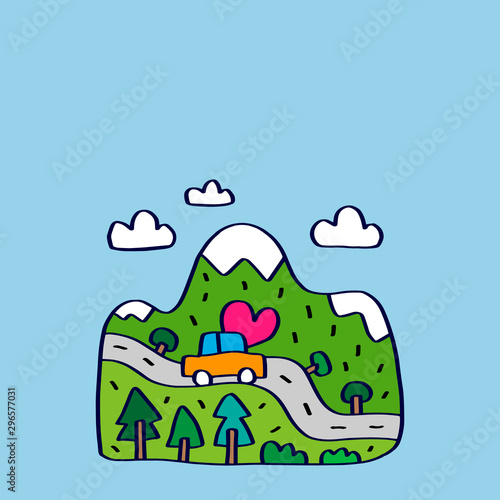 Beautiful landscape mountains and hills hand drawn vector illustration in cartoon comic style car trees heart love valentines day card