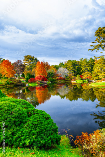Panoramic view of Hadlock Pond in foliage season. Tree colors of Acadia National Park, Maine