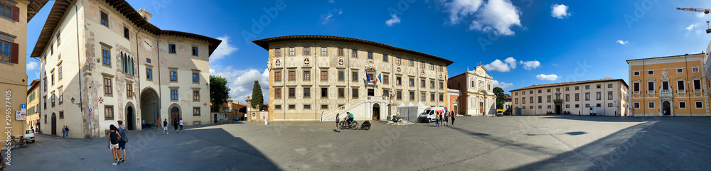 PISA, ITALY - SEPTEMBER 27, 2019: Panoramic view of St Catherine Square at dusk