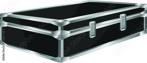 Closed black cargo box for safe transportation musical instruments, reinforced with aluminium corners. Equipment container vector illustration.