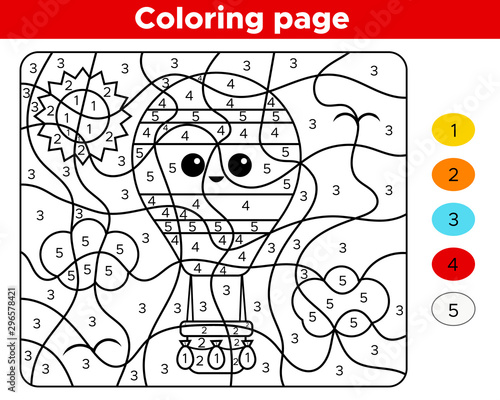 Educational game - number coloring page. Activity worksheet for preschool children. Kawai hot air balloon. Learn numbers and transportation.