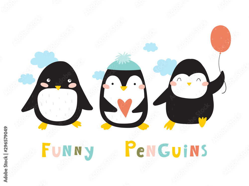 Obraz premium Cartoon cute penguins vector character. Christmas print with penguins in hats. Bright funny cartoon card .