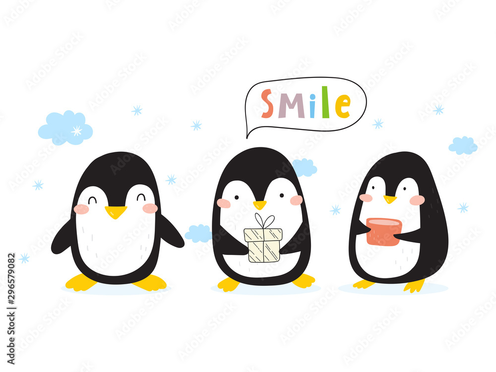 Fototapeta premium Cartoon cute penguins vector character. Christmas print with penguins in hats. Bright funny cartoon card .