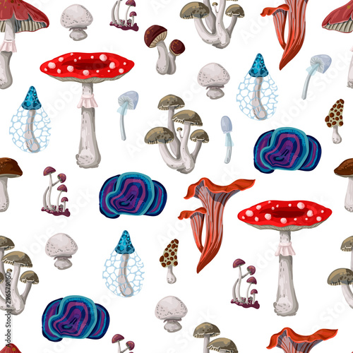Seamless pattern with different Mushrooms. Vector.