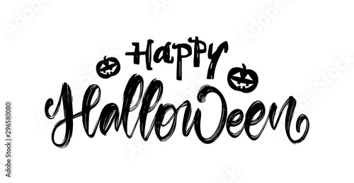 Hand drawn lettering of Happy Halloween with pumpkins on white background