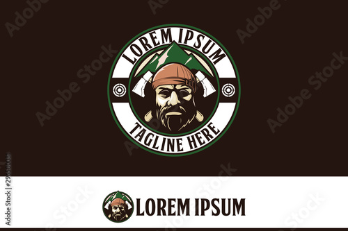 bearded man with ax and mountain vector logo template