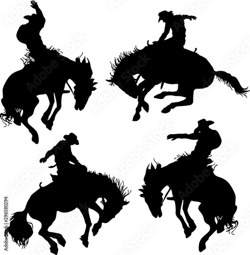 Fototapeta vector image of a set of silhouettes of cowboys on a wild horse mustang rodeo america