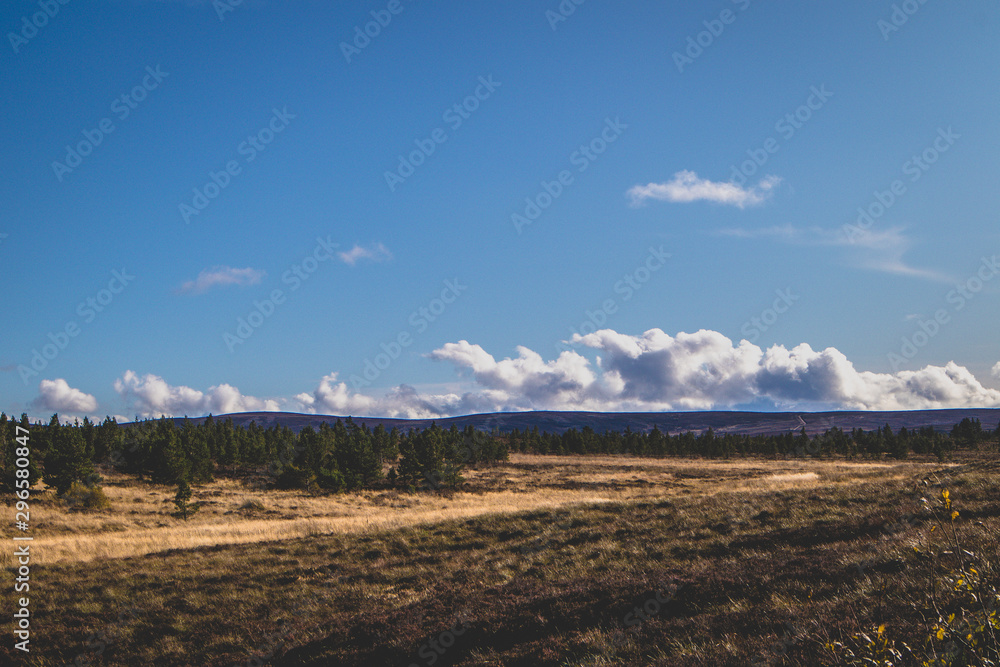 scottish highlands landscape with blue sky and clouds