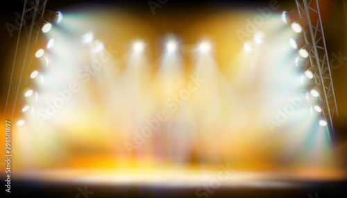 Stage podium during the show. Yellow background. Fashion runway. Vector illustration.