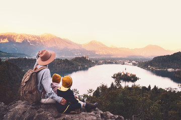 Journey Slovenia with kids. Family travel Europe. View on Bled Lake