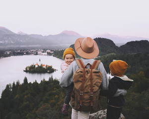 Journey Slovenia with kids. Family travel Europe. View on Bled Lake