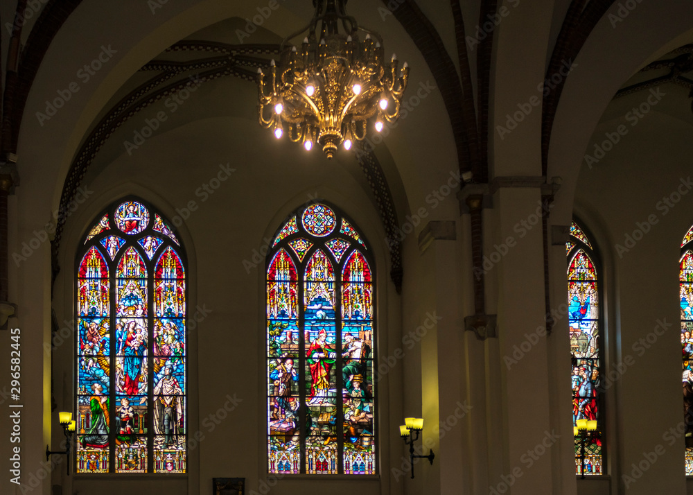 Church interior with medieval stained glass, Europe
