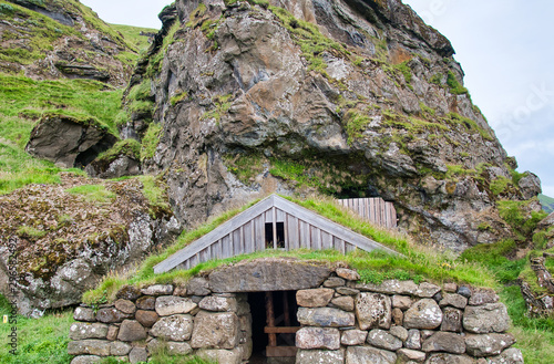 Roof with grass on typical Iceland home in the countryside. Rutshellir Caves photo