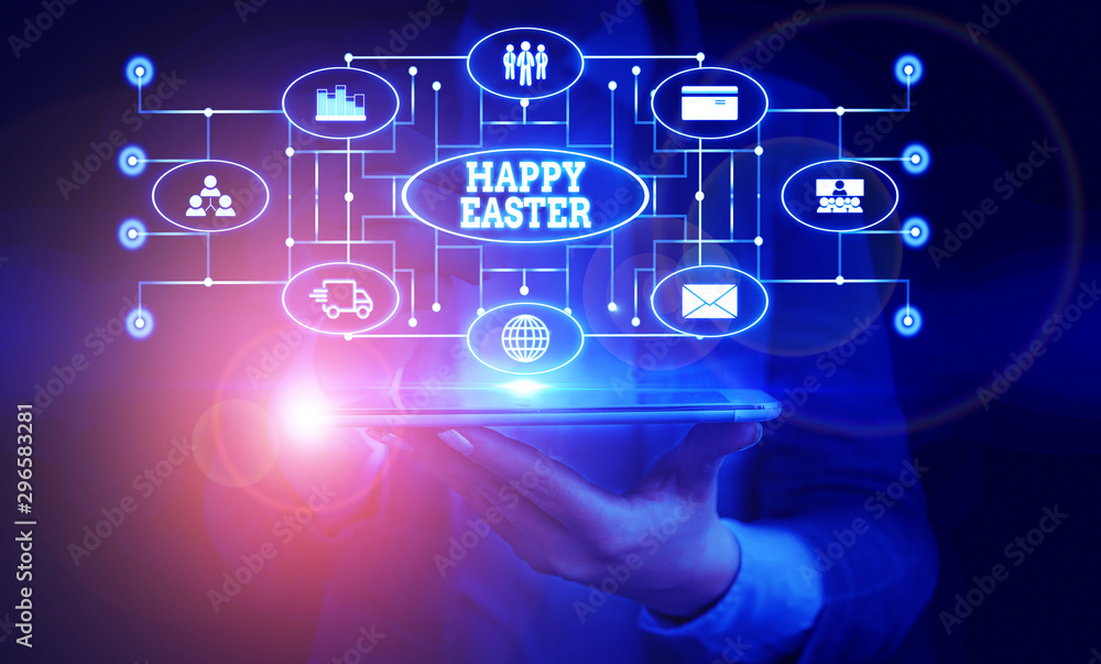 Conceptual hand writing showing Happy Easter. Concept meaning Christian feast commemorating the resurrection of Jesus Woman wear work suit presenting presentation smart device Conceptual hand writing showing Happy Easter. Concept meaning Christian feast commemorating the resurrection of Jesus Woman wear work suit presenting presentation smart device