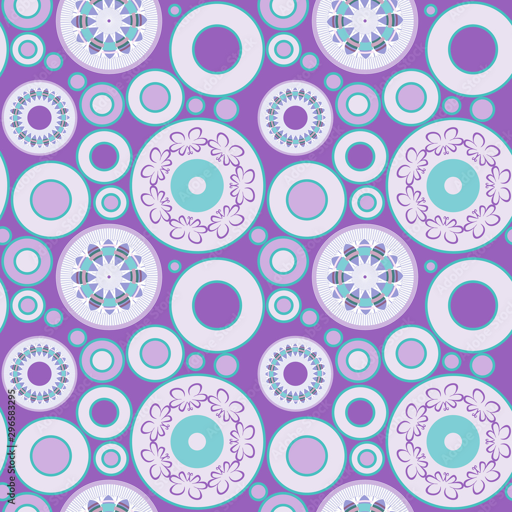 Fototapeta premium Seamless geometric abstract background in violet tones, decorative different size circles with patterns, rings, mandala, pattern suitable for design of wrapping paper, textiles.