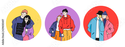 Street fashion look. Couples in love dressed in stylish trendy oversized clothes. Boys and girls. Korean japanese asian. Comic cartoon style. Manga anime. Hand drawn vector illustrations. Flat design