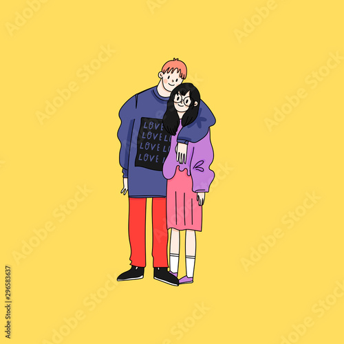 Street fashion look. Couple in love dressed in stylish trendy oversized clothes. Boy and girl. Korean japanese asian. Comic cartoon style. Manga anime. Hand drawn vector illustration. Flat design