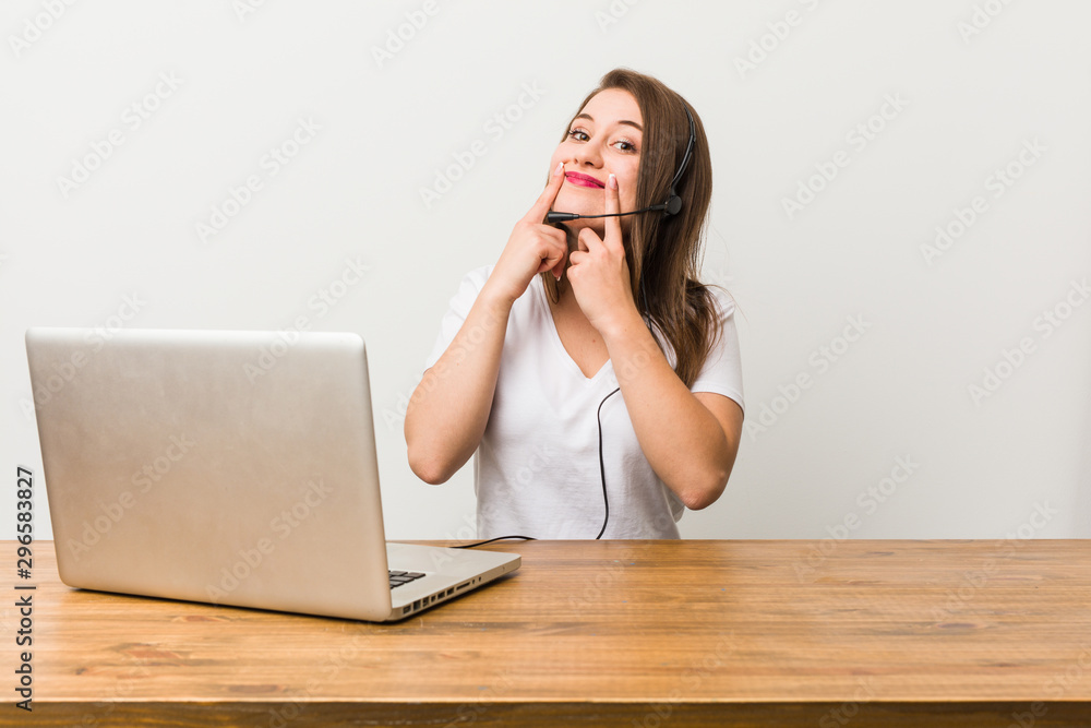 Young telemarketer woman doubting between two options. Young telemarketer woman doubting between two options.