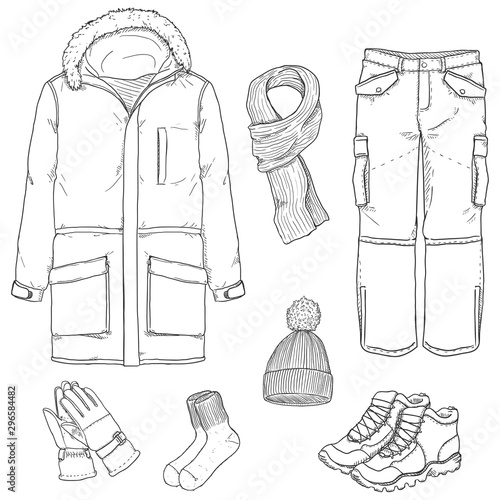 Vector Sketch Set of Winter Men Clothes.