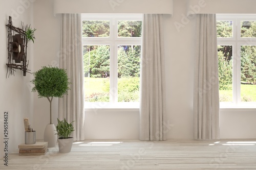 Stylish empty room in white color with summer landscape in window. Scandinavian interior design. 3D illustration