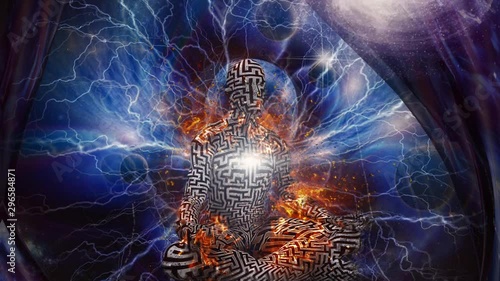 The Power of Meditation. Burning man with maze pattern meditates in endless space