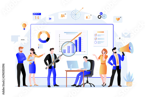 Project managers and business marketers analyzes data, develops product promotion strategy. Vector flat illustration