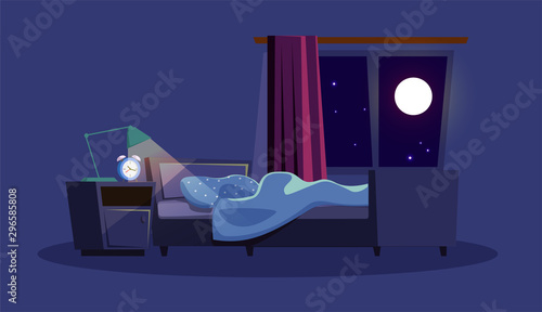 Empty bedroom at night flat vector illustration