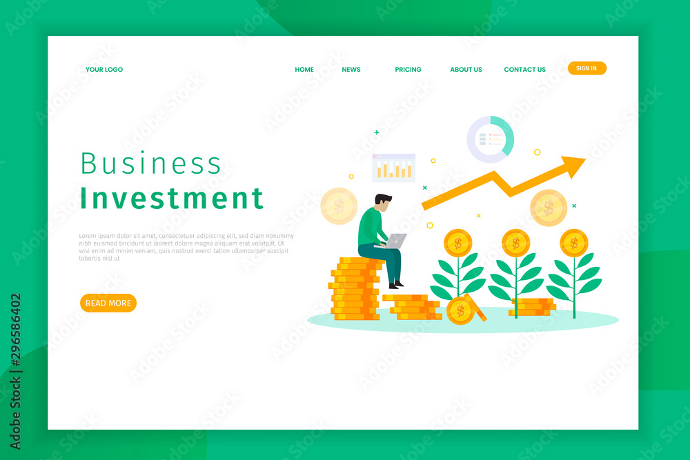 Business investment concept landing page illustration. someone works with a laptop. it is can be used for websites, landing pages, UI, mobile applications, posters, banners