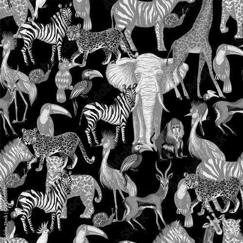 Seamless pattern with tropical animals in graphic style. Vector