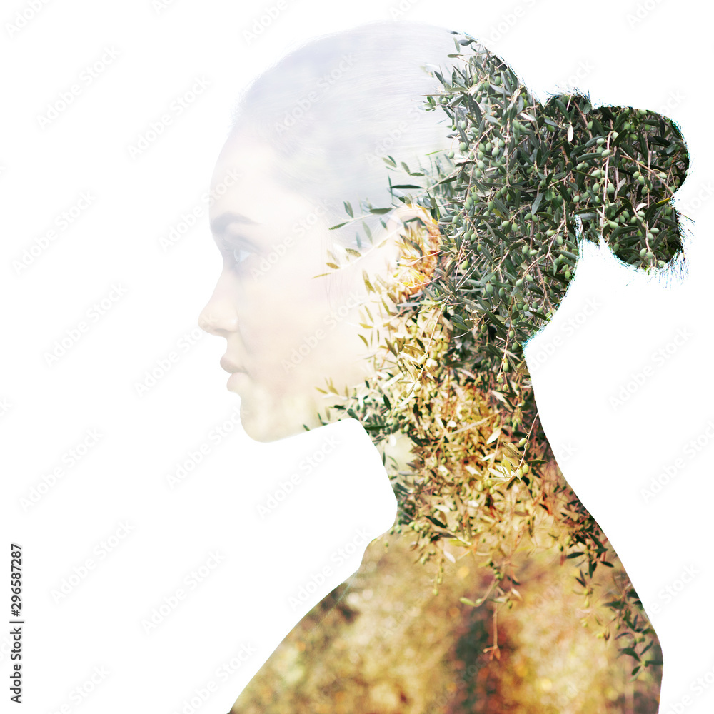 Double exposure portrait of beautiful girl in profile. Young woman and ...