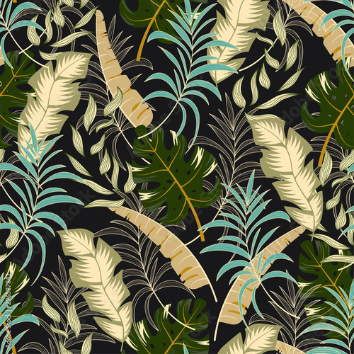 Trend seamless tropical pattern with beautiful beige and green plants and leaves on a green background. Seamless exotic pattern with tropical plants. Beautiful seamless vector floral pattern. 