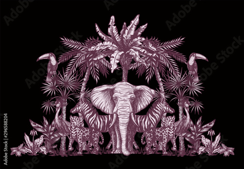 Graphical tropical tree such as palm, banana and jungle animals. Vector.