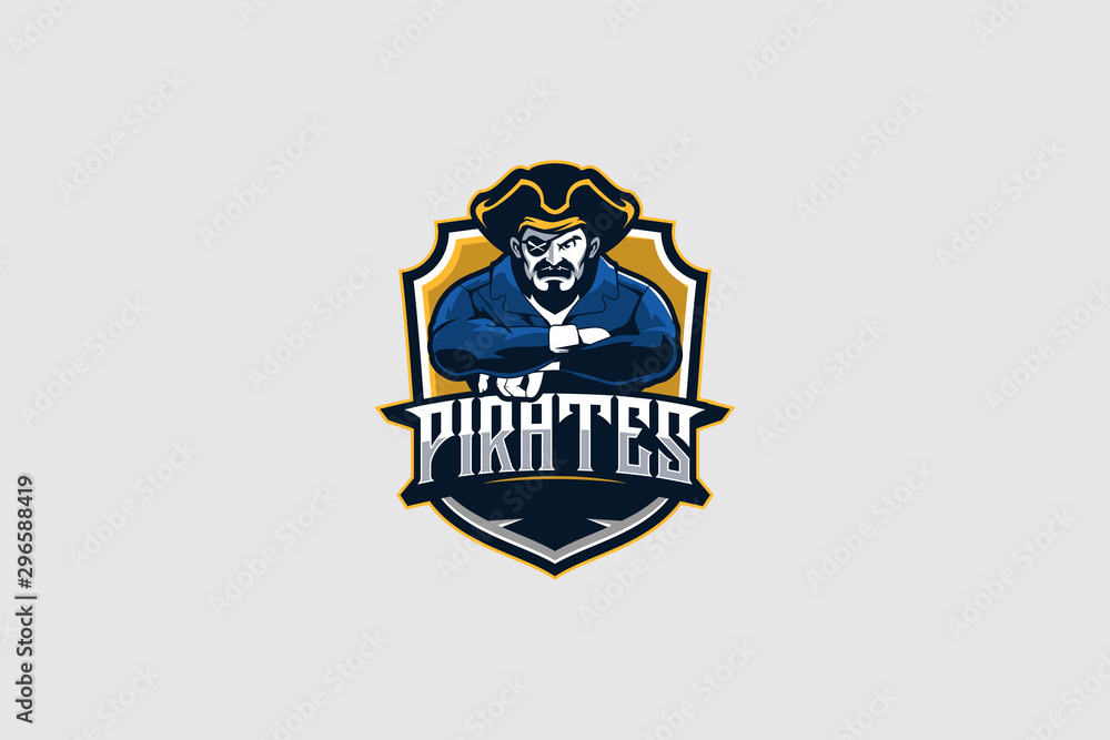 angry pirate cartoon with shield vector badge logo template