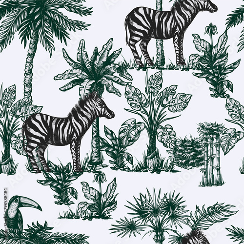 Seamless pattern with graphic tropical treees and jungle animals. Vector.