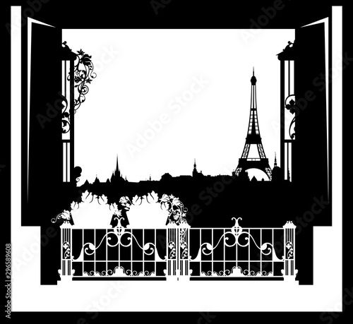 open balcony window with rose flowers pots and view over Paris - eiffel tower and city skyline black vector silhouette design