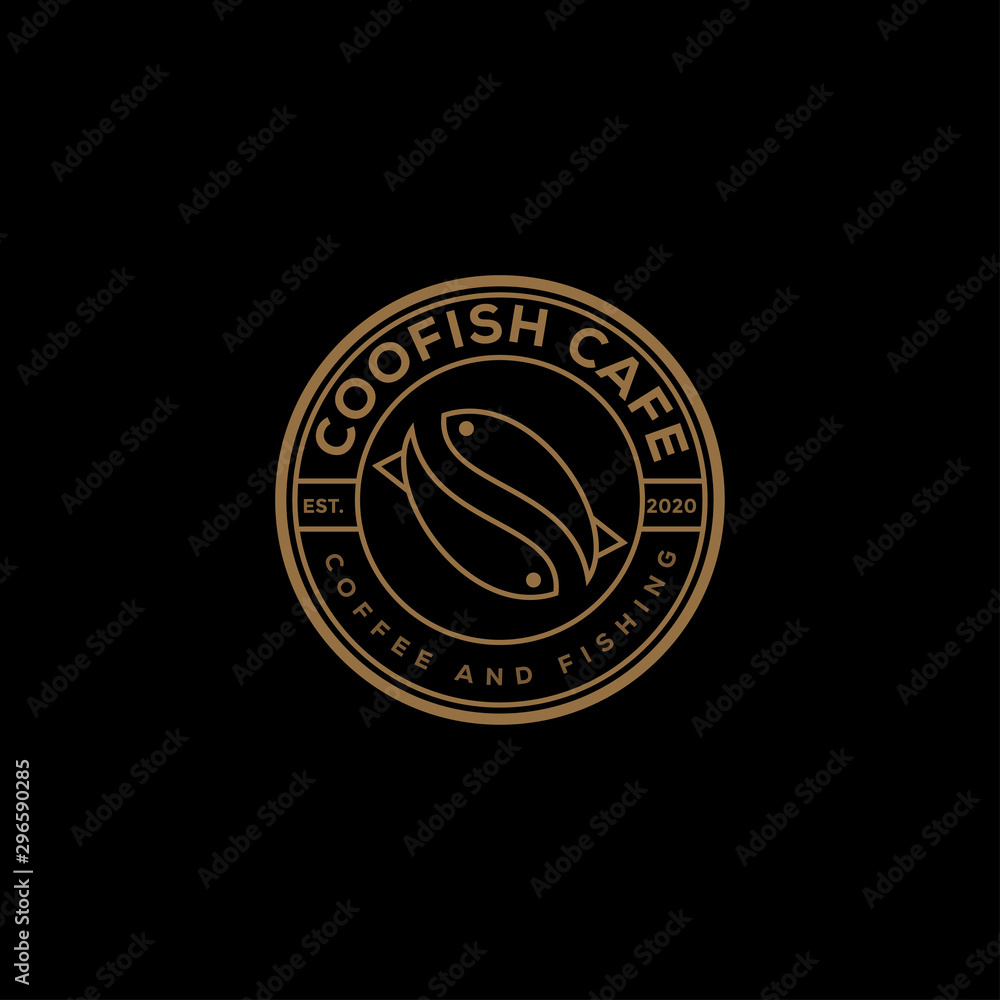 rustic, retro, vintage logo coofish cafe, coffee bean and fish stamp style vector