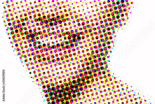 Vector illustration of beautiful happy woman with great wide smile. Retro typographic stylization. Abstract female portrait makes of colord circles, design element for t-shirt, hoodie, sweet shirt