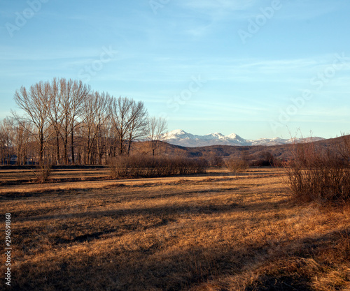 Autumn landscape in field and forest. Mountain in the background
