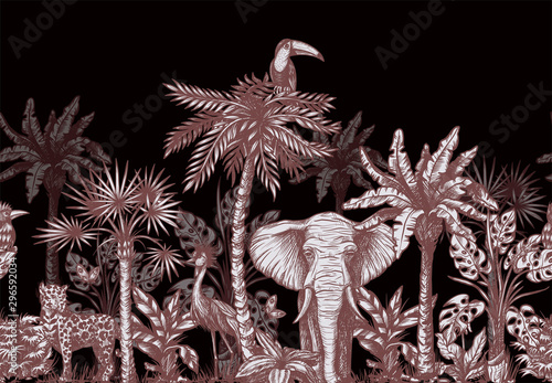 Seamless border with graphical tropical tree such as palm, banana and jungle animals. Vector.