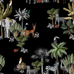 Keuken achterwand Afrikaanse dieren patronen Grafische tropische bomen met dieren  © Yumeee