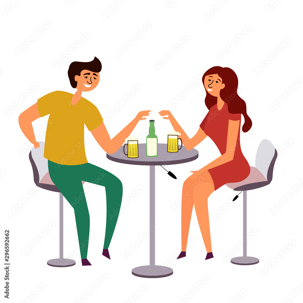 A girl and a guy drinking beer. A couple gathered at a common table drinking and having fun. Romantic date at the bar. Bar table and chairs. Alcoholic beverage. Vector A girl and a guy drinking beer. A couple gathered at a common table drinking and having fun. Romantic date at the bar. Bar table and chairs. Alcoholic beverage. Vector