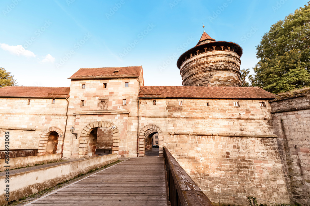 Neutorturm tower and entrance gate to old town of Nuremberg, tourist and travel destination.