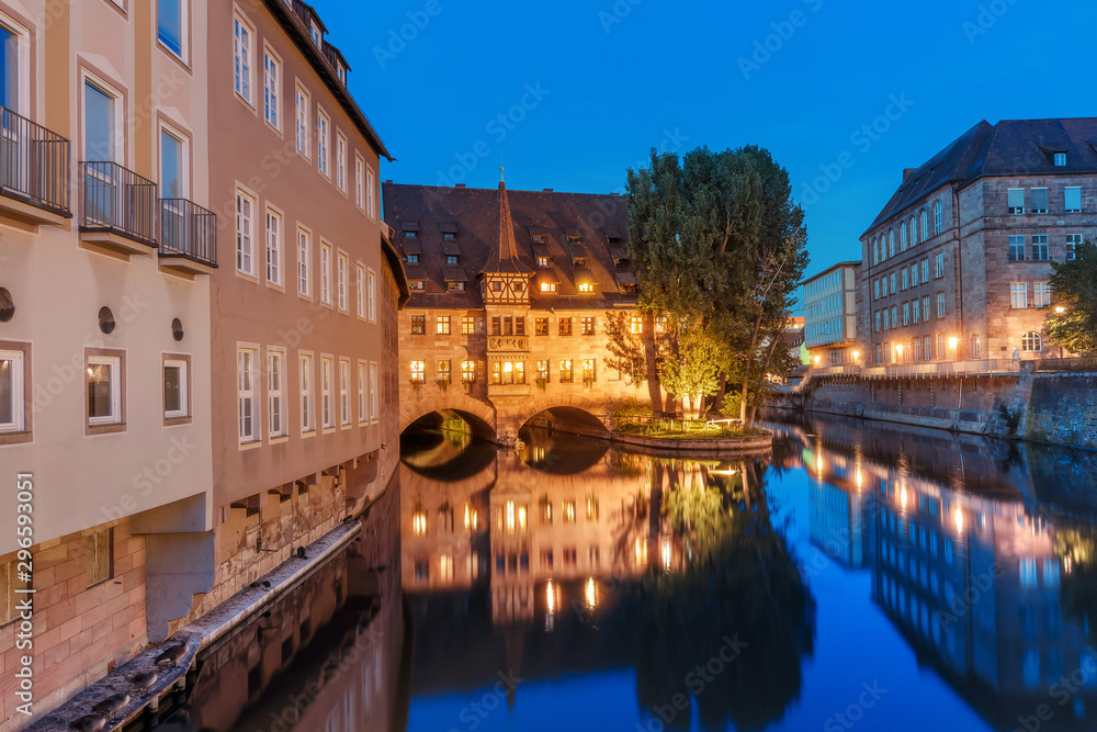 classic night view in Nuremberg on the banks of the Pegnitz river. Travel and sightseeing in Germany