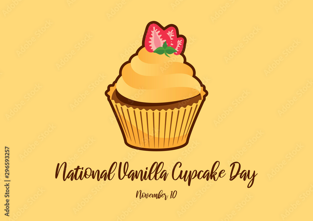 National Vanilla Cupcake Day vector. Cupcake isolated on a yellow background. Vanilla cupcake with strawberry vector illustration. Important day National Vanilla Cupcake Day vector. Cupcake isolated on a yellow background. Vanilla cupcake with strawberry vector illustration. Important day