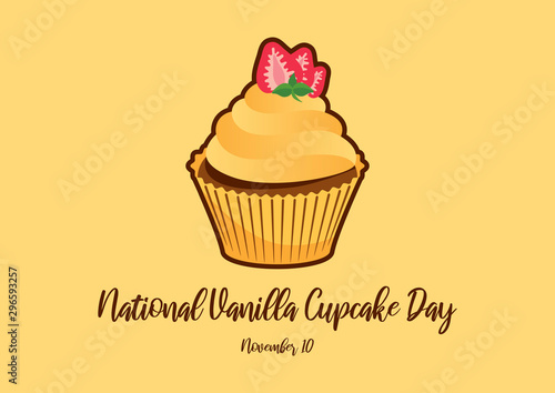 National Vanilla Cupcake Day vector. Cupcake isolated on a yellow background. Vanilla cupcake with strawberry vector illustration. Important day