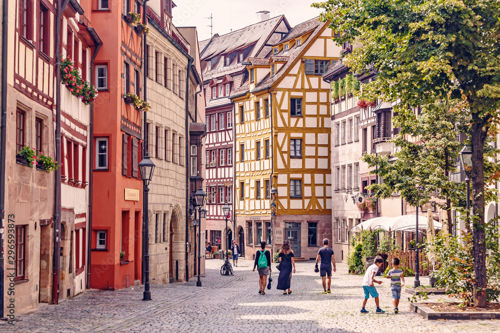05 August 2019, Nuremberg, Germany: old town street with its traditional half-timbered houses is a popular tourist attraction in Germany.