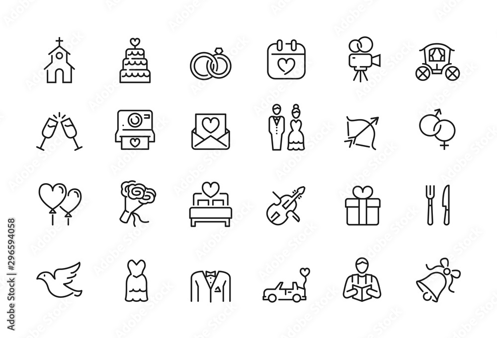 Minimal wedding icon set - Editable stroke illustration - 64x64 pixel perfect Minimal wedding icon set - Editable stroke illustration - 64x64 pixel perfect