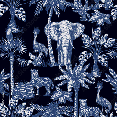 Seamless pattern with graphic tropical treees and jungle animals. Vector.
