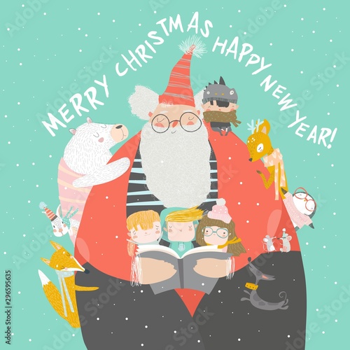 Santa Claus reading books with happy kids and animals