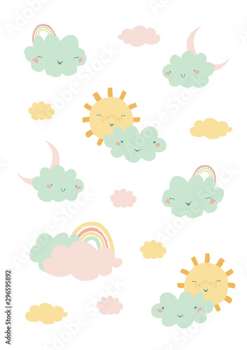 Cute illustration with rainbow, clouds, sun. Background in hand drawn style for poster, postcard, banner. Vector illustration